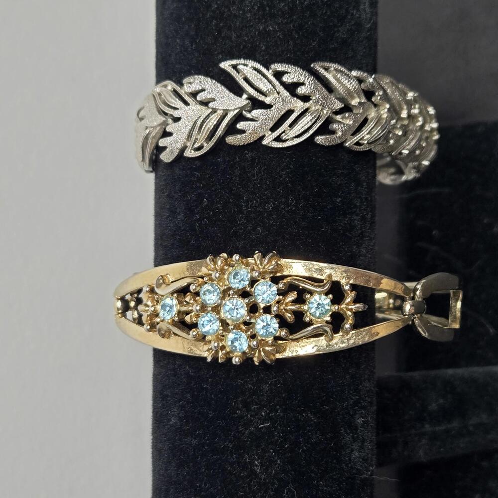 Vintage Coro Bracelets Set of 2 Silver Tone Leaf Link Gold Tone Blue Rhinestone